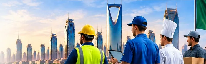 Workers in different professions in front of the Riyadh skyline
