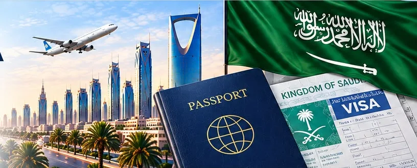 Saudi visa, passport and the Riyadh skyline